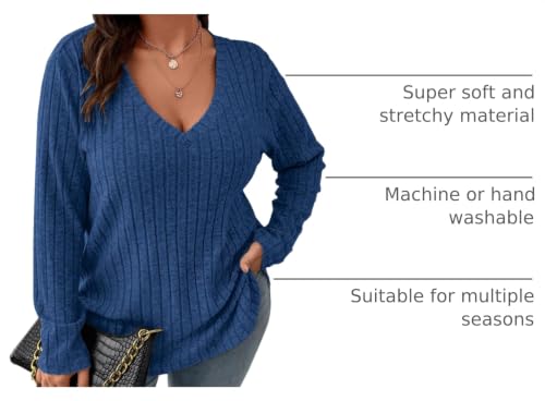 Image of Koscacy Women Plus Size Casual Knit Sweater V Neck Solid Color Tops Lightweight Long Sleeve Blouses