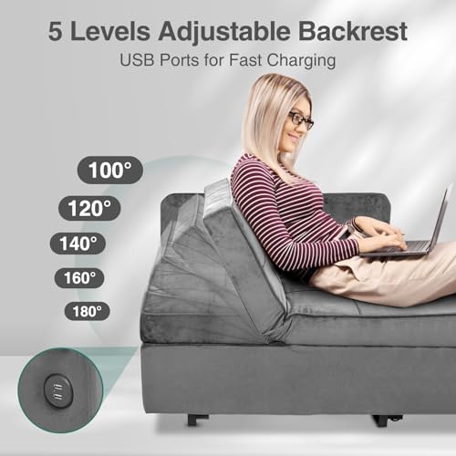 Sleeper Sofa Bed, Convertible 4-in-1 Pull Out Couch with 5 Adjustable Backrest, Modern Velvet Sofa with USB Ports & Storage Pocket (Includes Pillow) for Living Room, Bedroom,Apartment, Light Grey