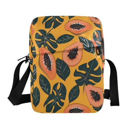 KLL Tropical Papaya Design Orange Dark Green mens messenger bag crossbody Vegan Leather Crossbody Small Bag For Women Shopping Shoulder Handbag For Travel