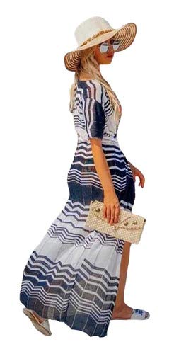 Saida De Praia Longa Kimono Tricot Verão Zig Zag Listrada (Preto com branco)