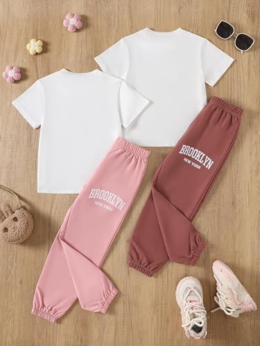 Image of Girls 4 Pieces Outfits Short Sleeve Printed Tee Tops and Pants Set 4-12Y