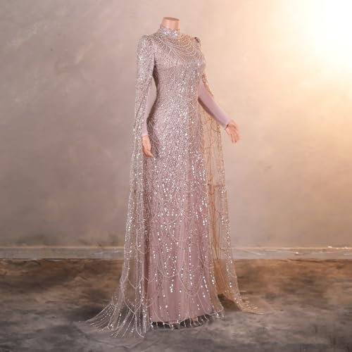 Datangep Luxury Pearl Prom Dresses Long Sleeves Mermaid Evening Dress High Neck Trumpet Formal Party Gowns4