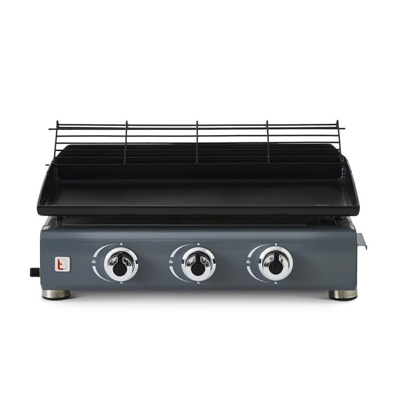 BRASERO - Plancha gaz Silvia II G 3 Feux Gun metal Brasero - Surface cuisson 67 x 34 cm - 3 brûleurs - Plaque fonte - Grille de réchauffement - Tiroir graisse - Jusqu'à 10 convives - 7,5 kW