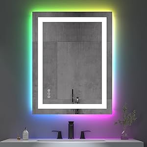 JONKEAN 36″x28″ LED Bathroom Mirror with Lights, Anti-Fog Wall Mounted Led Mirror for Bathroom, Rectangular RGB Lighted Bathroom Mirrors for Wall, Backlit Bathroom Vanity Mirror with Memory Function