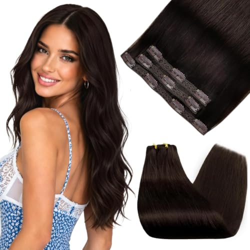 Image of Sunny Hair Clip in Hair Extensions Real Human Hair Dark Brown 18 Inch | Remy Hair Extensions Clip ins for Women Secure Hold Natural Blend Lightweight Comfort for Daily Use & Special Occasions 85g