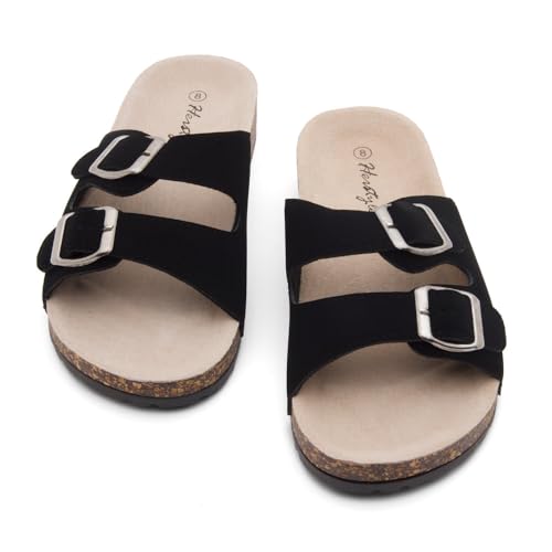 Image of Herstyle Womens Cork Footbed Slides for Women, Double Strap Flat Sandals, Adjustable Buckle Comfort Slip On Shoes, Summer Beach Casual Walking Slippers
