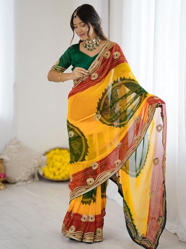 Image of Satrani Women's Georgette Bandhani Printed Embroidered gota lace Saree with Unstitched Blouse Piece
