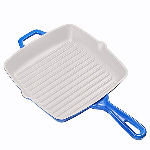 Bruntmor Pre-Seasoned 10 Inch Blue Square Cast Iron Pan | Indoor Grill | Cast Iron Skillet Flat Top Grill With Easy Grease Draining For Grilling Bacon, Steak, And Meats, Stove, Fire And Microwave Safe #TOP5