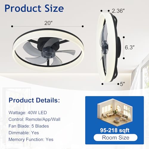 Depuley Ventilador de techo LED con luz: ventilador moderno de perfil bajo de 20" con montaje empotrado y mando a distancia con aplicación - Lámpara con ventilador sin aspas regulable para dormitorio - imagen 2