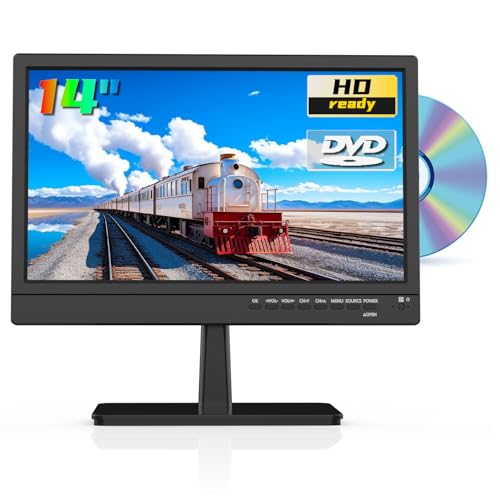 ZOSHING 14-inch HD TV 12 volt tv with dvd player Built in Digital T2 Tuner Freeview channels HDMI and USB port 12v tv car cable/AC powered for RV-Camper Bedroom