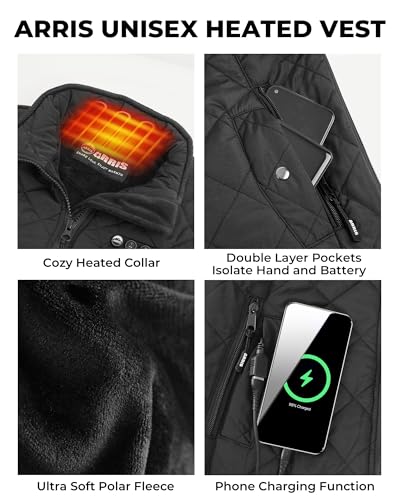 ARRIS Women`s Heated Vest, Size Adjustable 7.4V Electric Warm Vest with Battery Pack Black…