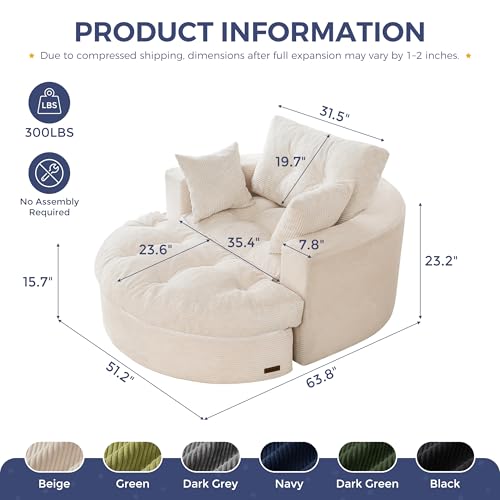 Image of MAXYOYO Oversized Round Chaise Lounge Sofa, Upholstered Lounge Chair with 3 Pillows, Boneless Sofa Couch with Ottoman, Deep Seat Sleeper Chair for Living Room, Bedroom, No Assembly, Beige