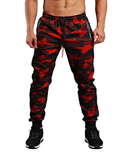 EKLENTSON Workout Pants Men Tapered Camo Track Running Pants Hunting Pants Jogger Pants Red