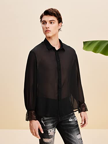 WDIRARA Men's Floral Lace Trim Mesh Long Sleeve Collared Sheer Top Button Down Shirt3
