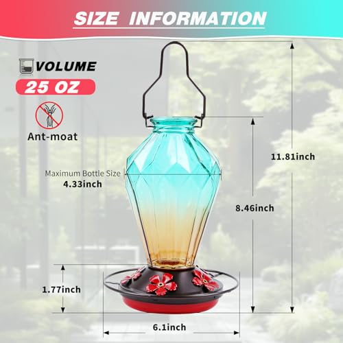 Image of 2 Pack Glass Hummingbird Feeder for Outdoors Hanging, 25Oz Humming Bird Nectar Feeder, Perch, 5 Flower Feeding Ports, Leak Proof Base, Hook for Outside Garden Backyard, Diamond Green