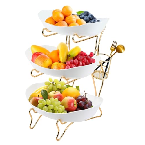 USENG Fruitschaal van kunststof, fruitschaal met 3 planken van kunststof, fruitschaal met ijzeren houder, fruitmand, voor fruit, snacks, desserts, cake, moderne fruitschaal, groentehouder