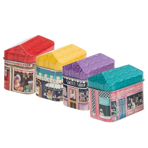 FRCOLOR 4個 ミニチュアハウス型スモールティンボックス ブリキ製キャンディ収納箱 お菓子 チョコレート ビスケット対応 リビングルームや