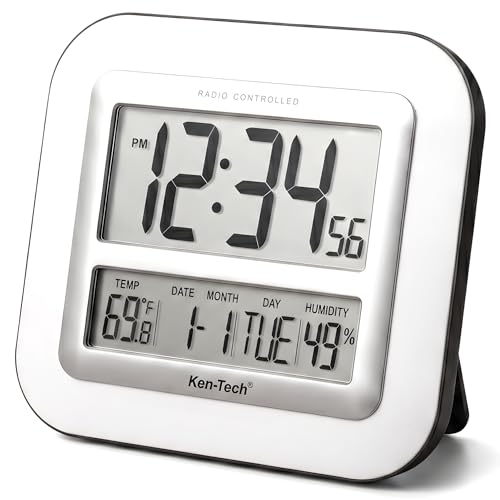 Atomic Radio-Controlled Wall Clock with 2.5 Inch LCD Numbers | Auto Time, Date, Day, Temperature, Humidity, Alarm, 12/24-Hour | Desk Stand or Mount for Home Office