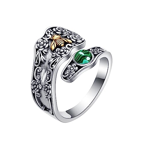 Image of Malachite Sterling Silver Adjustable Spoon Thumb Ring for Women - Chunky Malachite Jewelry Gift