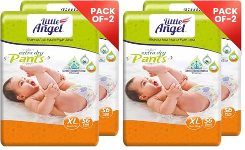 Image of Little Angel Extra Dry Baby Pants Diaper, Extra Large (XL) Size, 112 Count, Super Absorbent Core Up to 12 Hrs Protection & Wetness Indicator, Over 12kg (56 count /pack, Pack of 4)