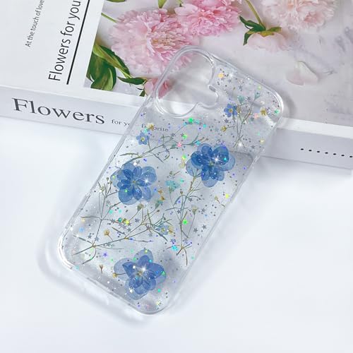 Coque iPhone 16 antichoc fleur bleue pailletée fine et esthétique - 3
