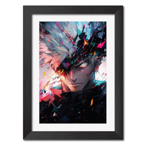 Image of TenorArts Satoru Gojo Photo Frame Jujutsu Kaisen Anime Laminated Poster Framed Painting with Matt Finish Black Textures (12inches x 9inches)