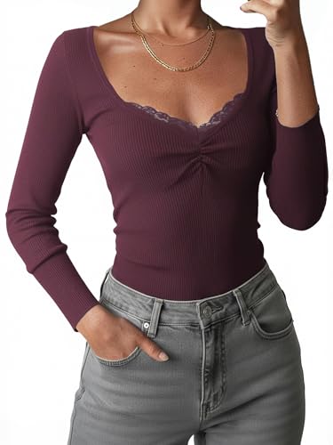Image of Womens Lace Long Sleeve Top Paneled Henley Shirts Y2k 2000s Fitted Going Out Tops Blouse