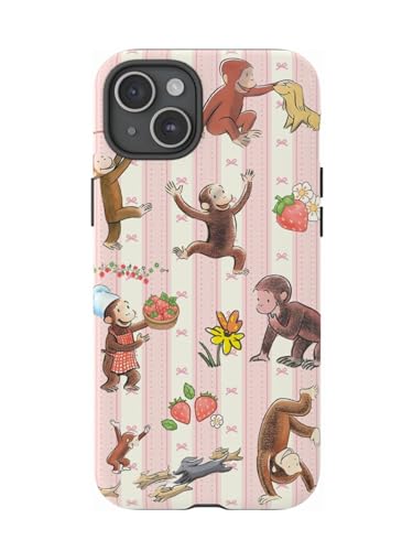 Curious Monkey & Strawberry Bow Custom George Name Photo Phone Case Compatible with iPhone 15, Protective Hybrid 2-Layer Hard Shell, Cute Curious Monkey Collection Playful George