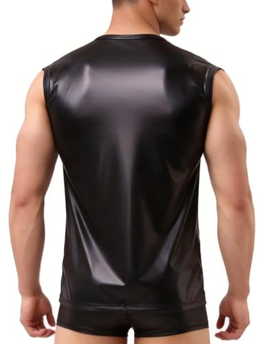 Image of AIEOE Men's Leather Metallic Shirts Shiny Slim Fit Stretch Top Wetlook Club Party Undershirts