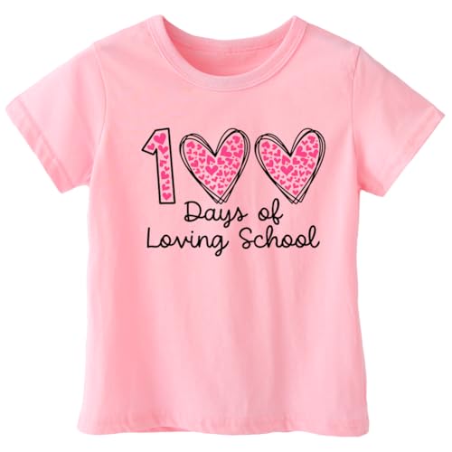 Image of Kids Little Boys Girls 100 Days of School Shirt Short Sleeve Funny Graphic Letters Print Celebration Top