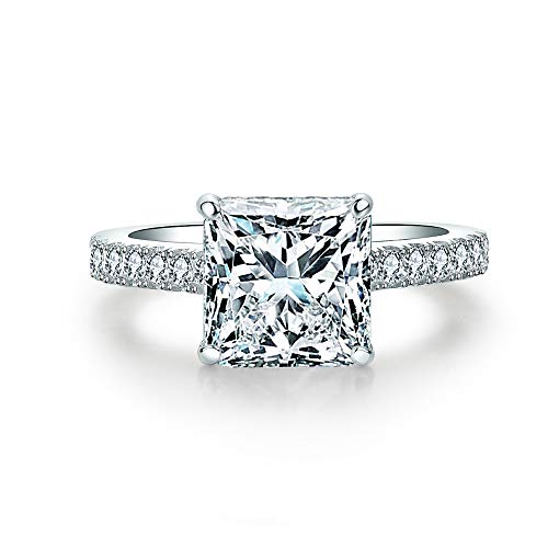 Sterling Silver Classic 3 Ct Princess Accented Solitaire Engagement Ring Square Cut Anniversary Ring