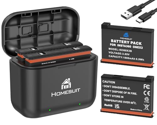 Homesuit Insta 360 X3 Akku 1800mAh und USB LED Ladegerät Bausatz mit Speicherkartensteckplatz Kompatibel mit Insta360 X3 Kamera Bis zu 80min Zusätzliche Aufnahmezeit (2er-Pack)