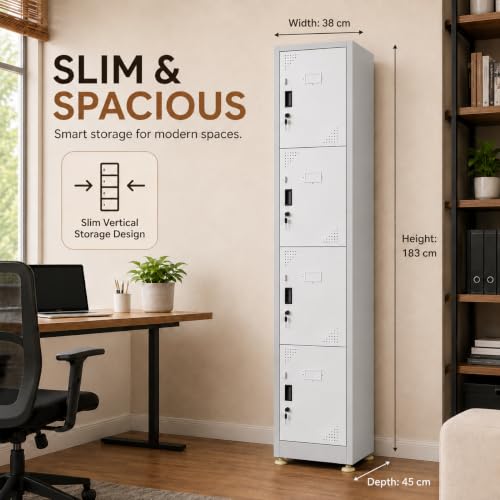 Image of Amazon Brand - Solimo 4 Door Steel Locker | Secure Metal Storage for Equipment, Uniforms, Documents & Personal Items | Multi-Purpose Vertical Cabinet for Gym, School, Office Powder Coated Light Grey
