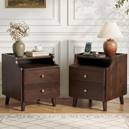 Image of Nightstand Set of 2, Pre-Assembled, 19.7 inchH Solid Wood Night Stand with 2 Drawers, Open Sliding Shelf, Mid Century Modern Small Bedside Table for Bedroom, Black Walnut 16 inch