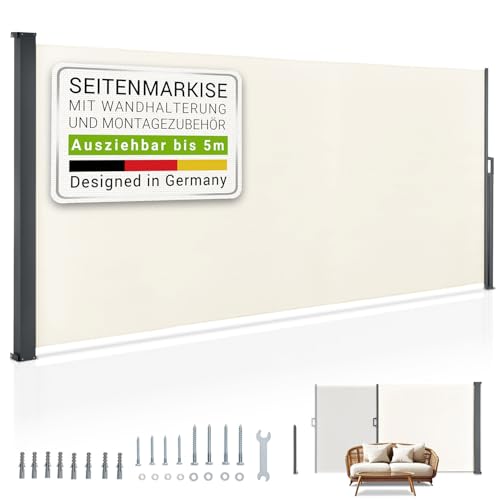 Juskys Seitenmarkise Dubai 500 x 180 cm ausziehbar Blickdicht, Sichtschutz für Balkon & Terrasse, Seitenrollo Wandhalterung - beige
