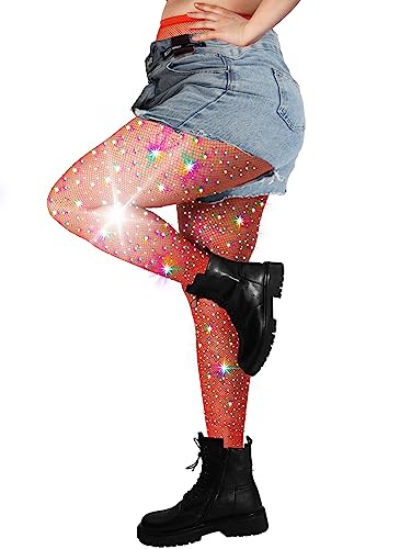 Image of DancMolly 10X Strong Ultra Sparkly Rhinestone Fishnet Stockings, Plus Size Sparkle Tights for Women Sexy Party Concert Outfit