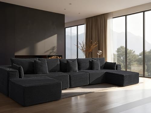 Image of 168 inch Cloud Sectional Couch, Comfort U Shaped Sofa for Living Room, Extra Deep Seats No Assembly, Minimalist Modular Couch, Corduroy (Black, 7 Seats,U-Shape A)