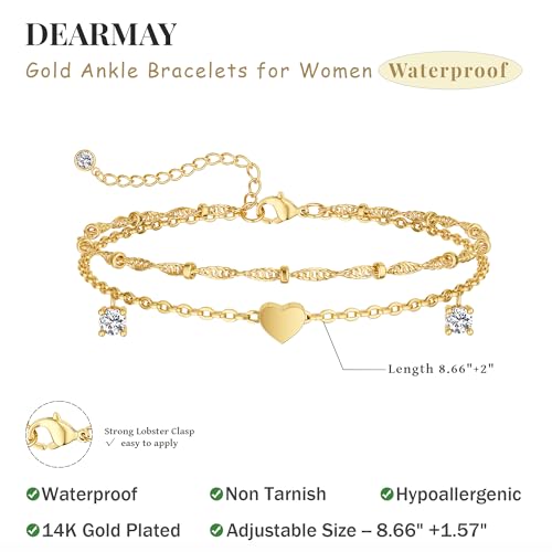 Image of DEARMAY Gold Ankle Bracelets for Women Waterproof, Non Tarnish 14K Gold Plated Beaded Link Chain Anklets, Layered Summer Beach Jewelry Gifts, Dainty Bikini Outfits for Vacation