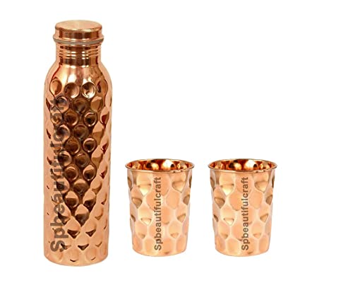Handmade Copper Water Bottle with 2 Copper Tumbler Glass Drinking Water Bottle Diamond Cut Copper Bottle Glass Set For Health Benefits 1000 ML & 300 ML (Approx.)