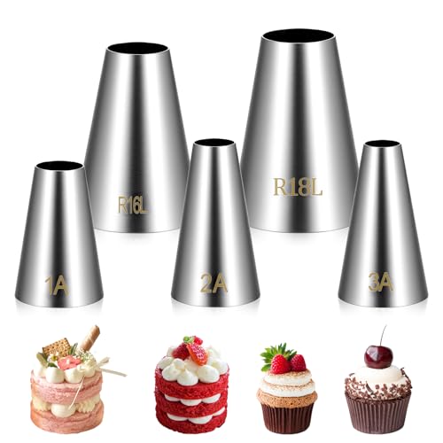 5 Pcs Large Round Piping Tip for Cake Decorating, Stainless Steel Round Icing Tips Set Professional Cupcake Frosting Nozzles for Cake Cookies Pastry Fondant Cream