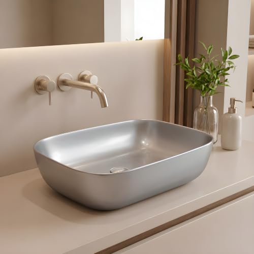 Image of VENICE Bathroom Vanity Sink Countertop Stylish & Durable Ceramic Tabletop Wash Basin Rectangular Vessel Bowl Metallic Silver Glossy Finish