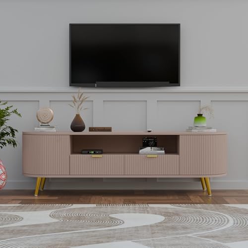 Image of Wooden TV Unit for Living Room | Media Console Movable Tv Cabinet | Free Standing Tv Unit with 2 Doors Drawers & 5 Shelf Storage | Sideboard Cabinet | HDMR Premium Wood & Iron Leg(Beige)