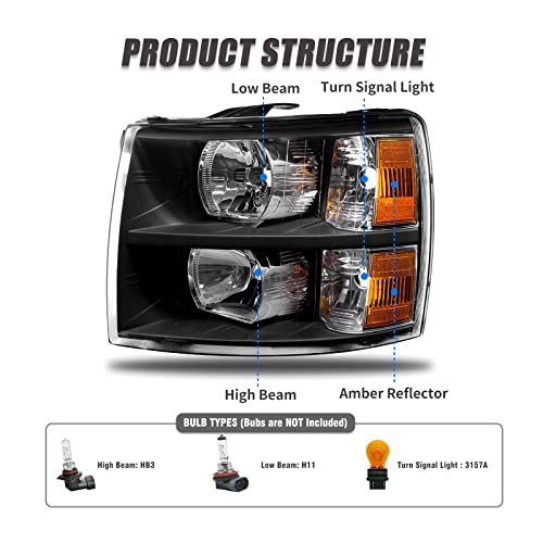 Adcarlights 2007 2008 2009 2010 2011 2012 2013 2014 Chevy Silverado Headlight Assembly For 07-13 Silverado 1500/07-14 2500Hd 3500Hd Clear Lens Black Housing Amber Reflector Headlamp Replacement #TOP2