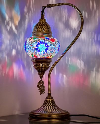DEMMEX Lampe mosaïque turque - Fait main en Turquie - Lampe de table ou de chevet artisanale en verre et métal martelé - Ambiance orientale, cadeau...