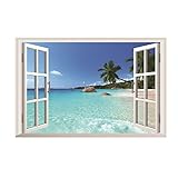 Large Removable Beach Sea 3D Window Decal Home Decor Exotic Beach View Art Wallpaper Mural View Scenery Home Decoration Art DIY Decor Wall Stickers for Bedroom Living Room