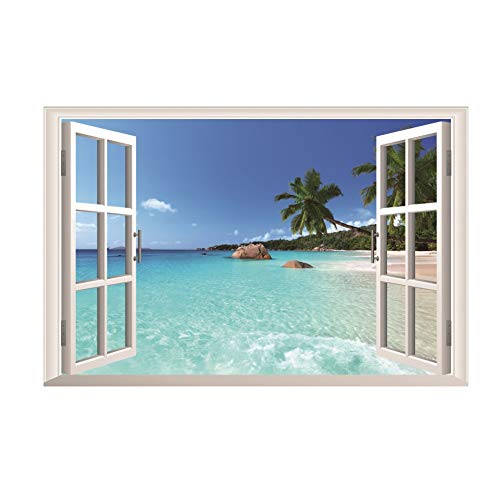 AWAKINK Large Removable Beach Sea 3D Window Decal Home Decor Exotic Beach View Art Wallpaper Mural View Scenery Home Decoration Art DIY Decor Wall Stickers for Bedroom Living Room