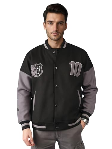 Image of CHKOKKO Men's Oversized Varsity Jacket with Snap Button Closure and Patch Design Trendy Comfortable Outerwear for College Travel and Casual Wear