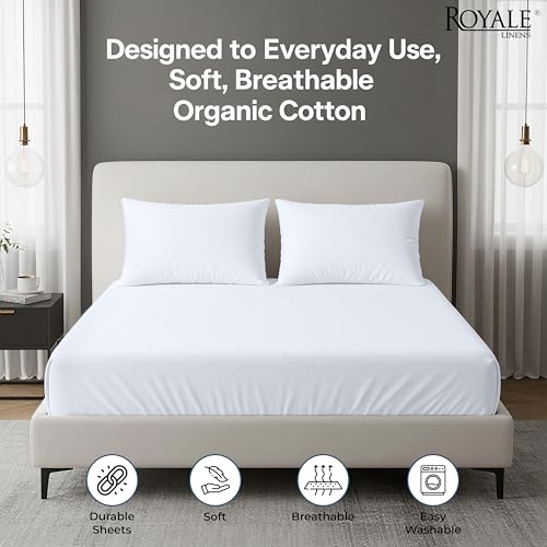 Image of Royale Linens 100% Organic Cotton 2 Pack Fitted Sheet - Percale Weave - Super Soft Deep Pocket Bottom Sheets - White Elastic Sheet King Size - King Fitted Sheets Only - (78 inchx80 inch+15 inch, White)