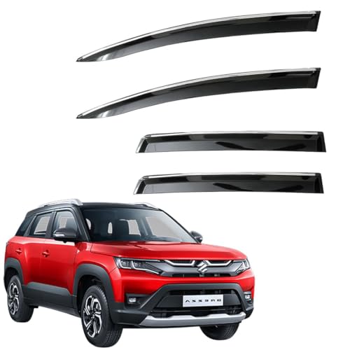 Image of CAR SAAZ Unbreakable Chrome Smoke Door Visor for Brezza Type-3 (2022-Present) | Premium Sun, Rain Wind Deflector Chrome Strip Side Door Rain Visor - Set of 4 Pcs