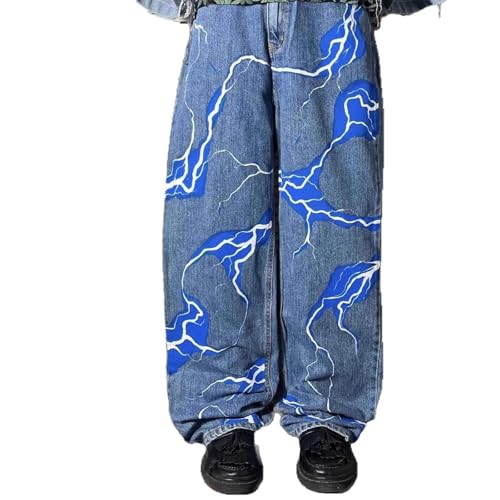 Baggy Jeans Men Graphic Lightning Bolt Y2k Jeans Men Open Bottom Parachute Streetwear Wide Leg Denim Pants